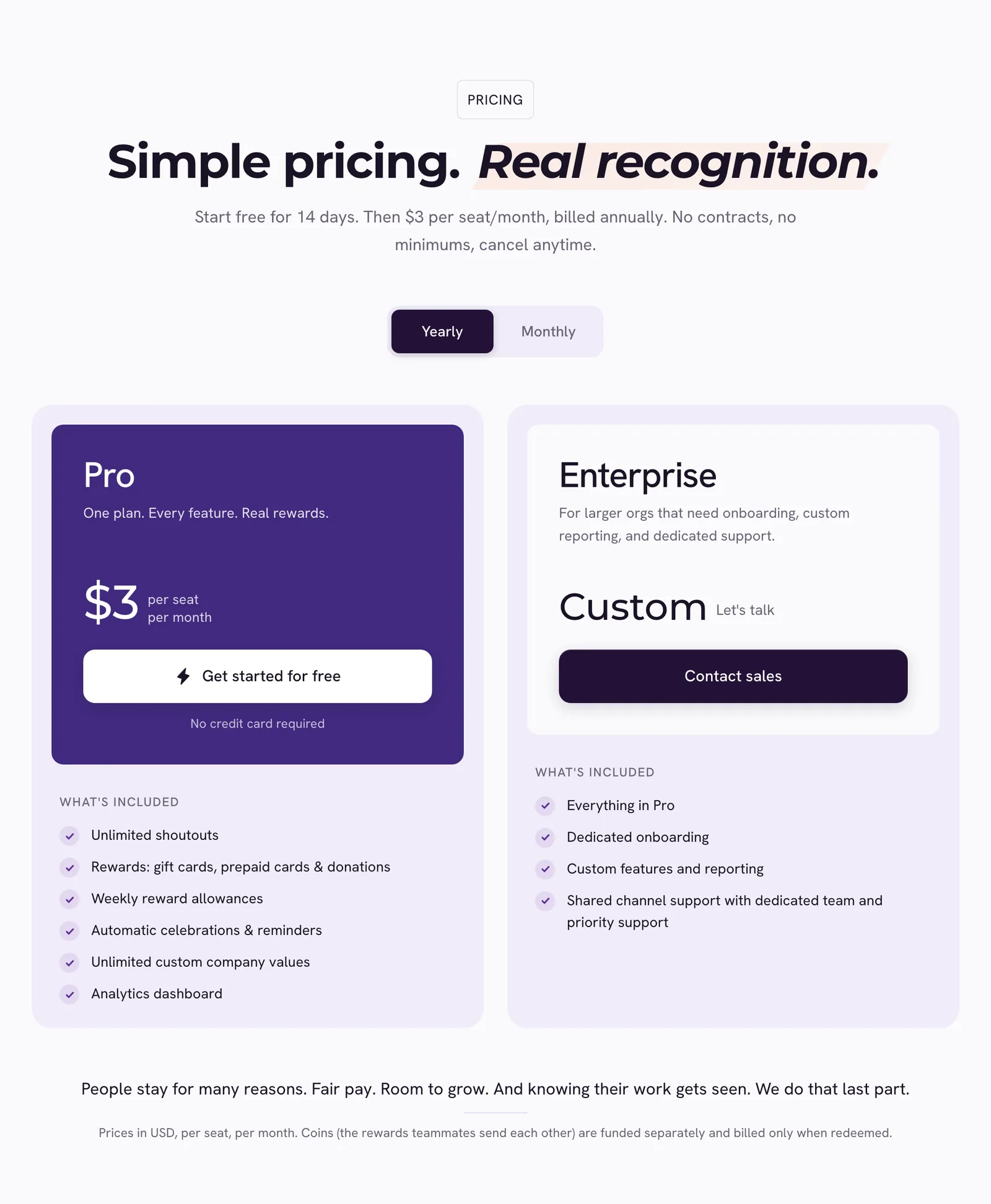 Culture Engine pricing, an alternative to Nectar: Pro at $3 per seat per month with every feature included, and a custom Enterprise plan