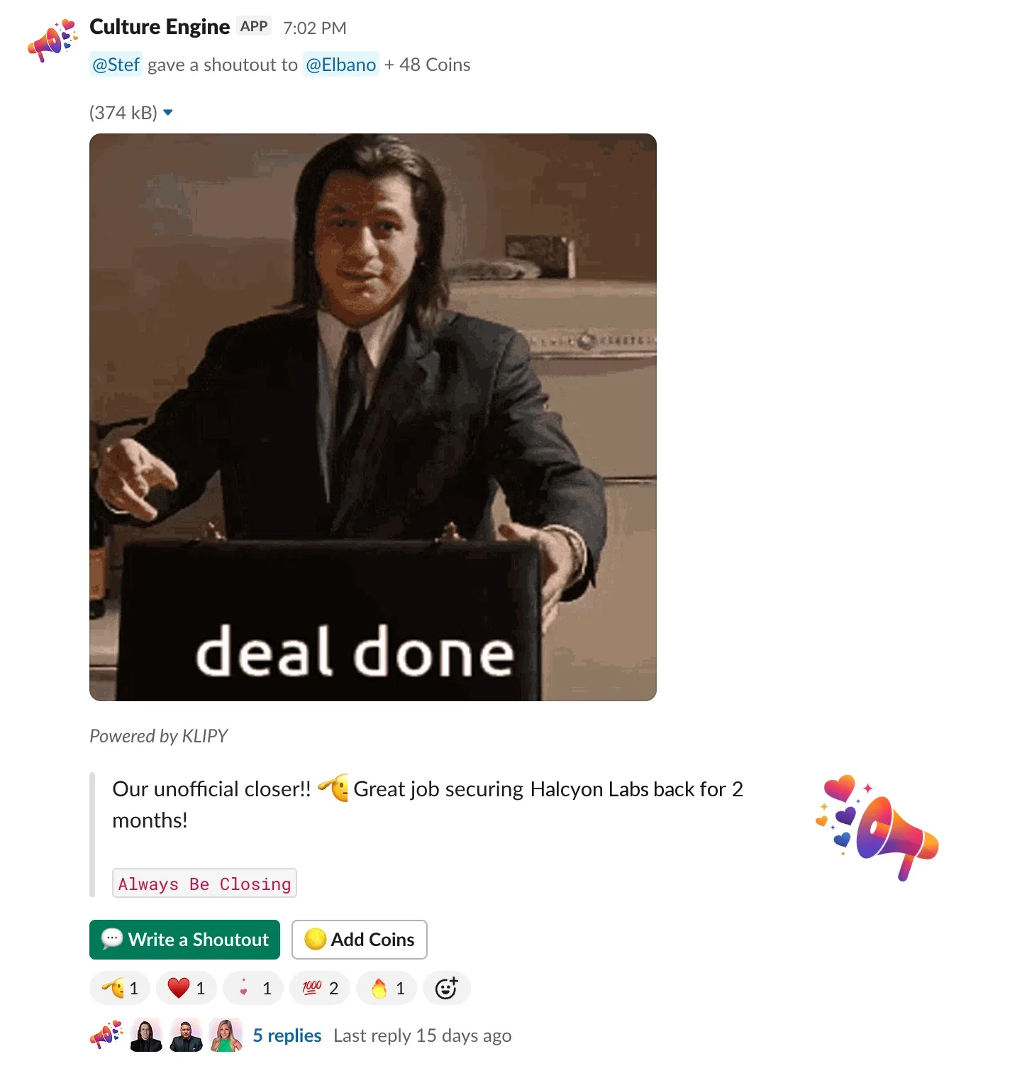 A Culture Engine shoutout with Coins posted in a Slack channel, a Bonusly alternative where earned Coins never expire