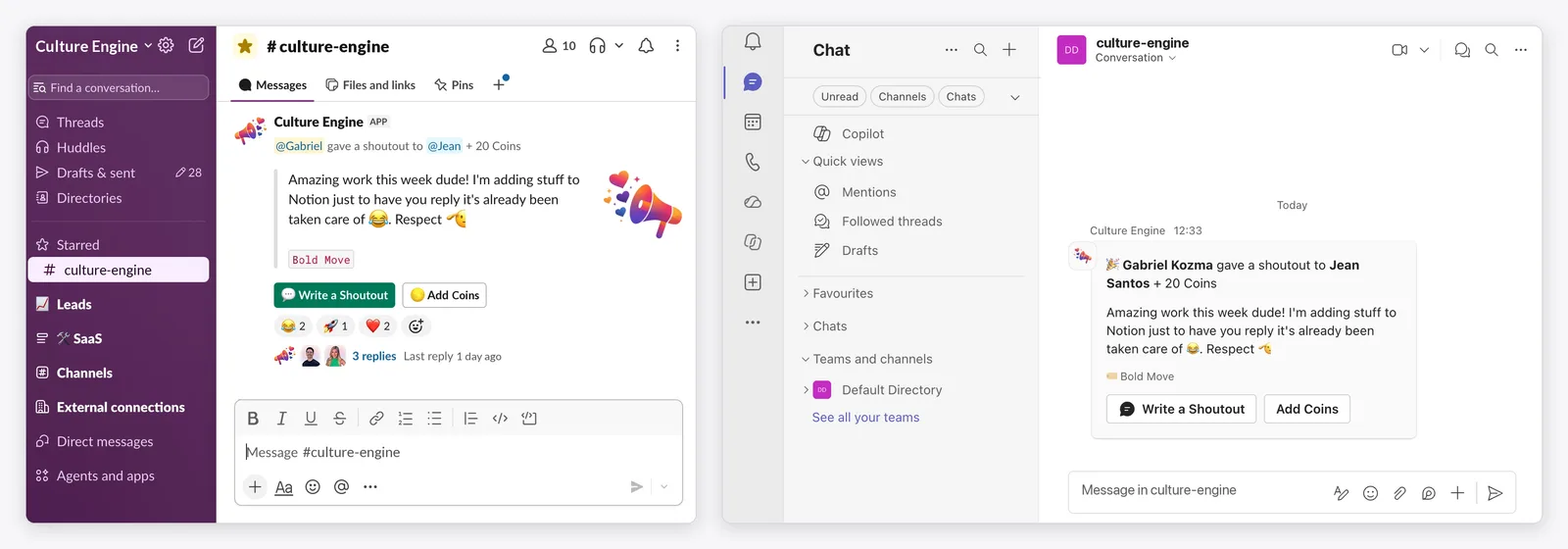 The same Culture Engine shoutout side by side in Slack and Microsoft Teams, employee recognition software native to both