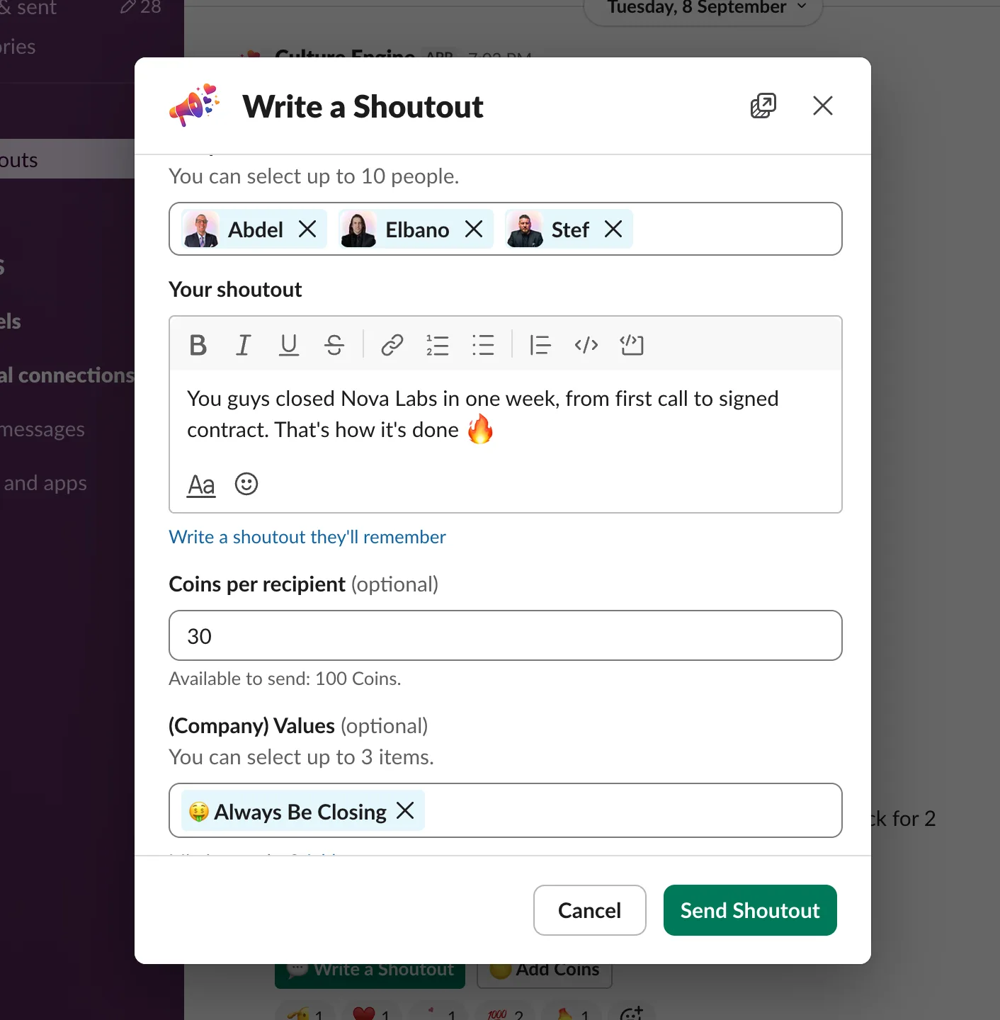 The Culture Engine shoutout form in Slack, a peer recognition platform: several recipients, Coins per recipient and a company value tag