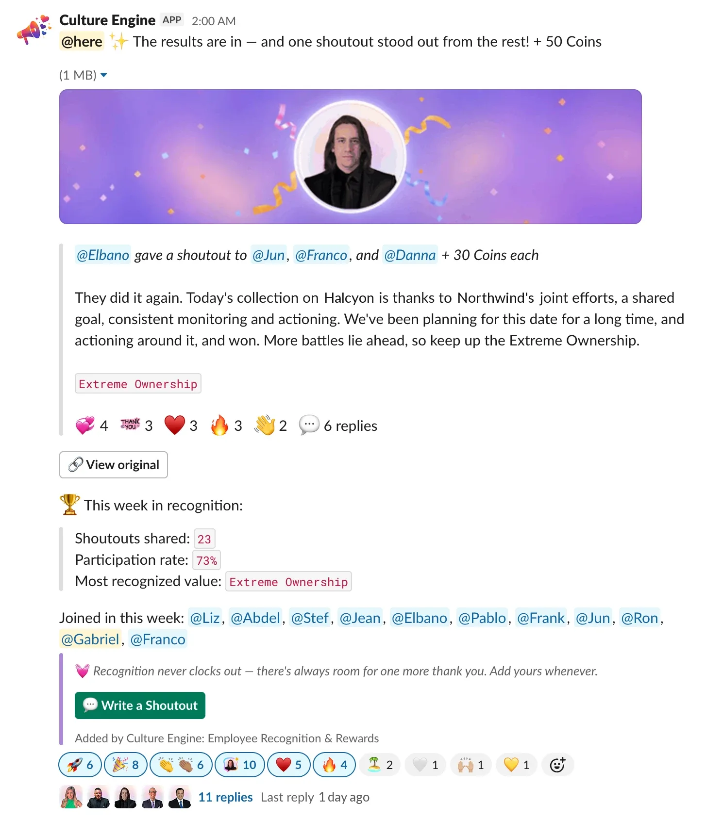 The Culture Engine Weekly Recap in Slack, a peer-to-peer recognition system: shoutouts shared, team participation rate and the most recognized value, with no ranking