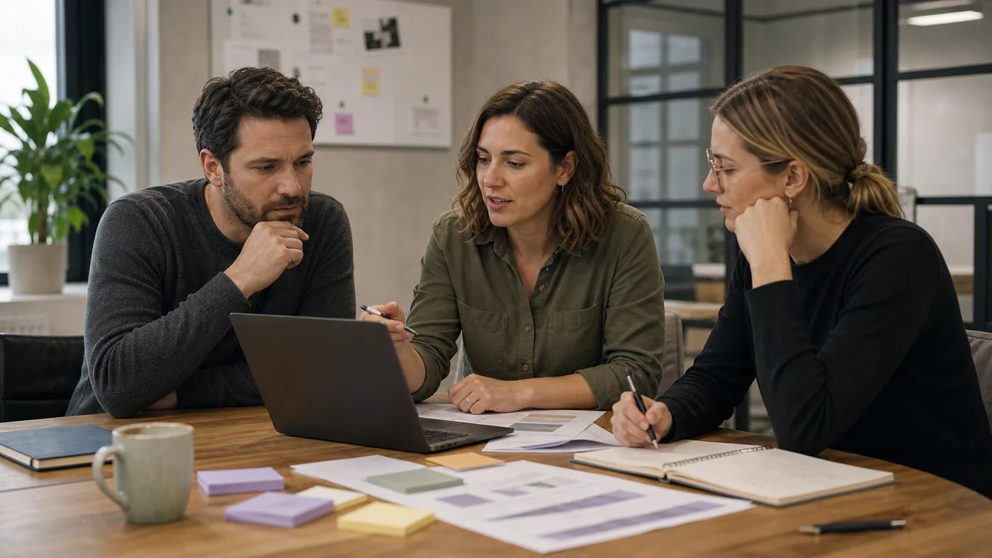 Colleagues comparing notes and software options during a focused meeting.