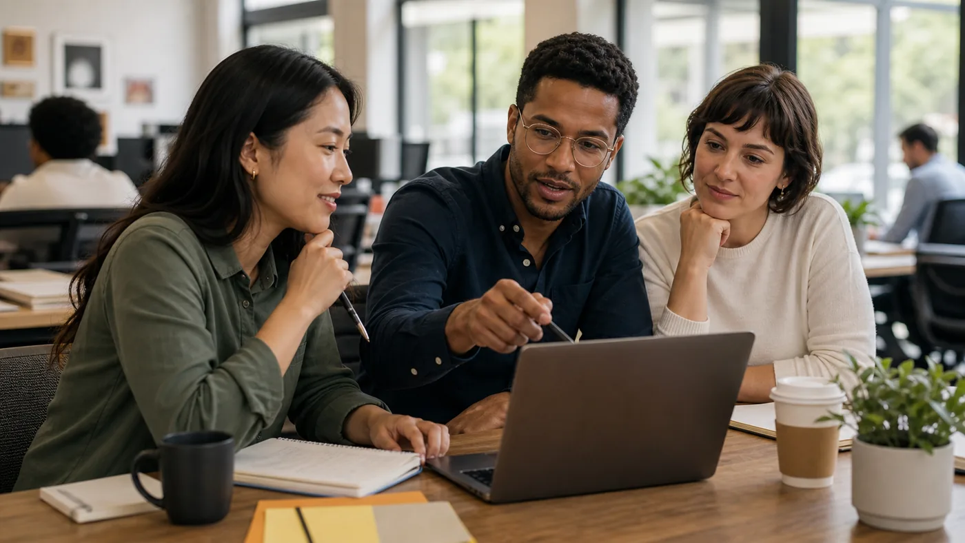Three coworkers reviewing work together around a laptop in a realistic office setting.