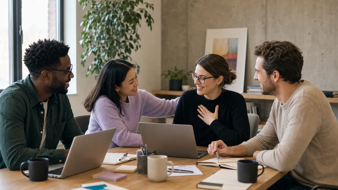 Coworkers gathered around a table in a calm work session, sharing a quiet moment of peer recognition.